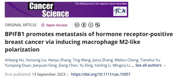 BPIFB1 通過誘導 M2 型巨噬細胞極化促進激素受體陽性乳腺癌的轉移